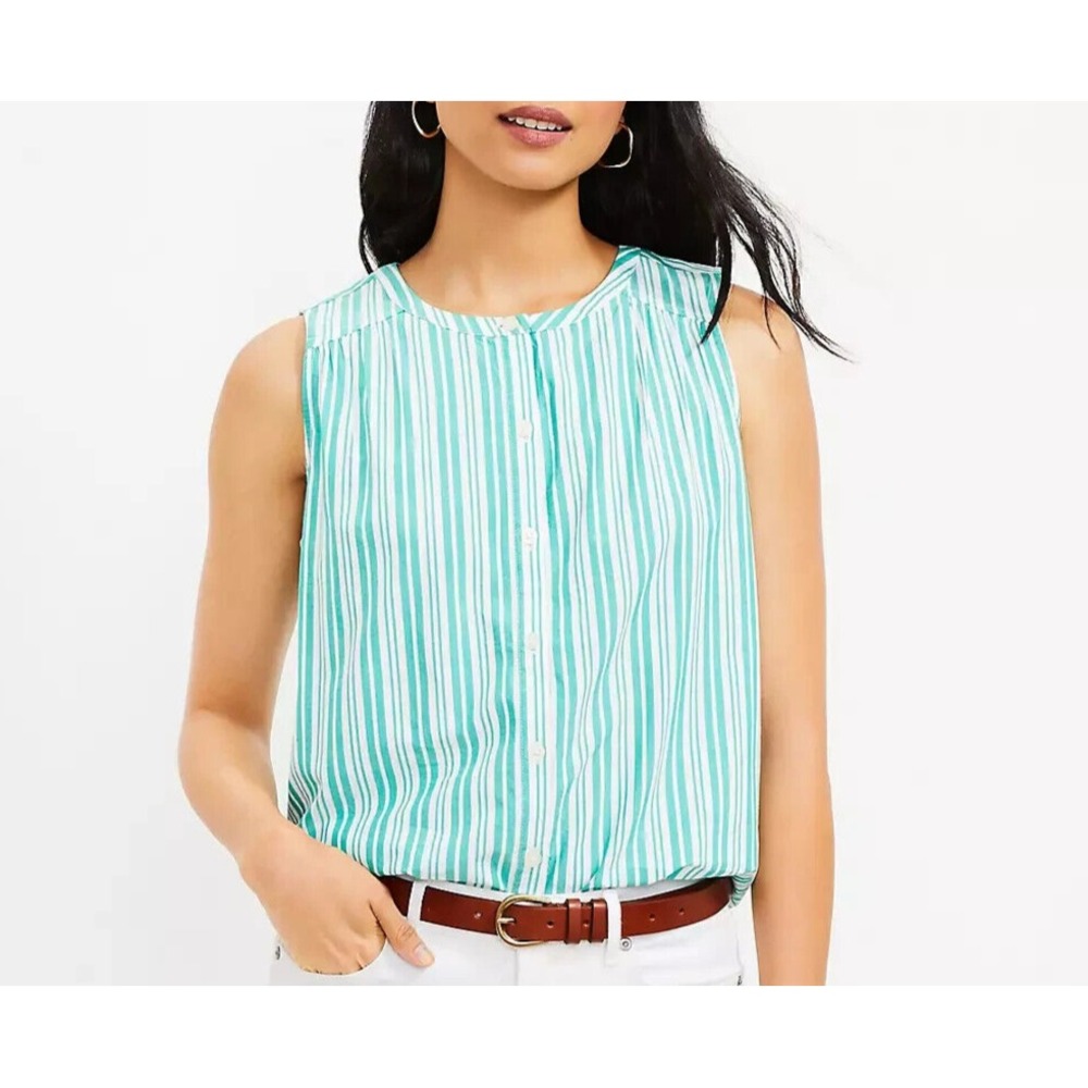 Loft Womens Size Medium Green White Striped‎ Sleeveless Button Up Top